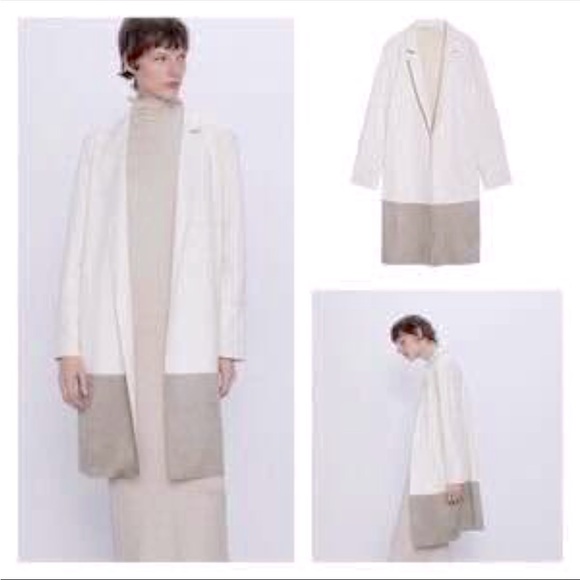 Zara faux suede ivory/taupe color block long line jacket/coat size Small - Picture 1 of 6